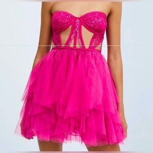 For Love And Lemons Rosario Vibrant Hot Pink Bustier Mini Tulle Backless Dress